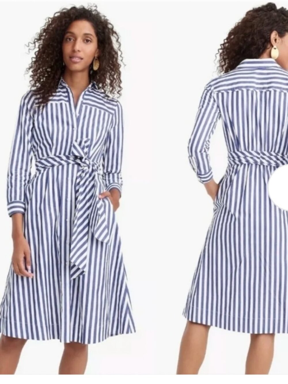 J. Crew 100% COTTON Tie Waist Striped Shirt Dress Blue White Size 00